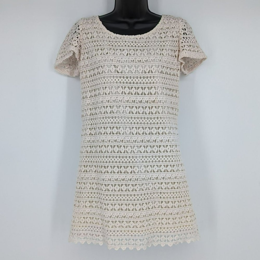 Urban Outfitters Staring at Stars Mini Dress M Cream Short Sleeve Crochet Lined